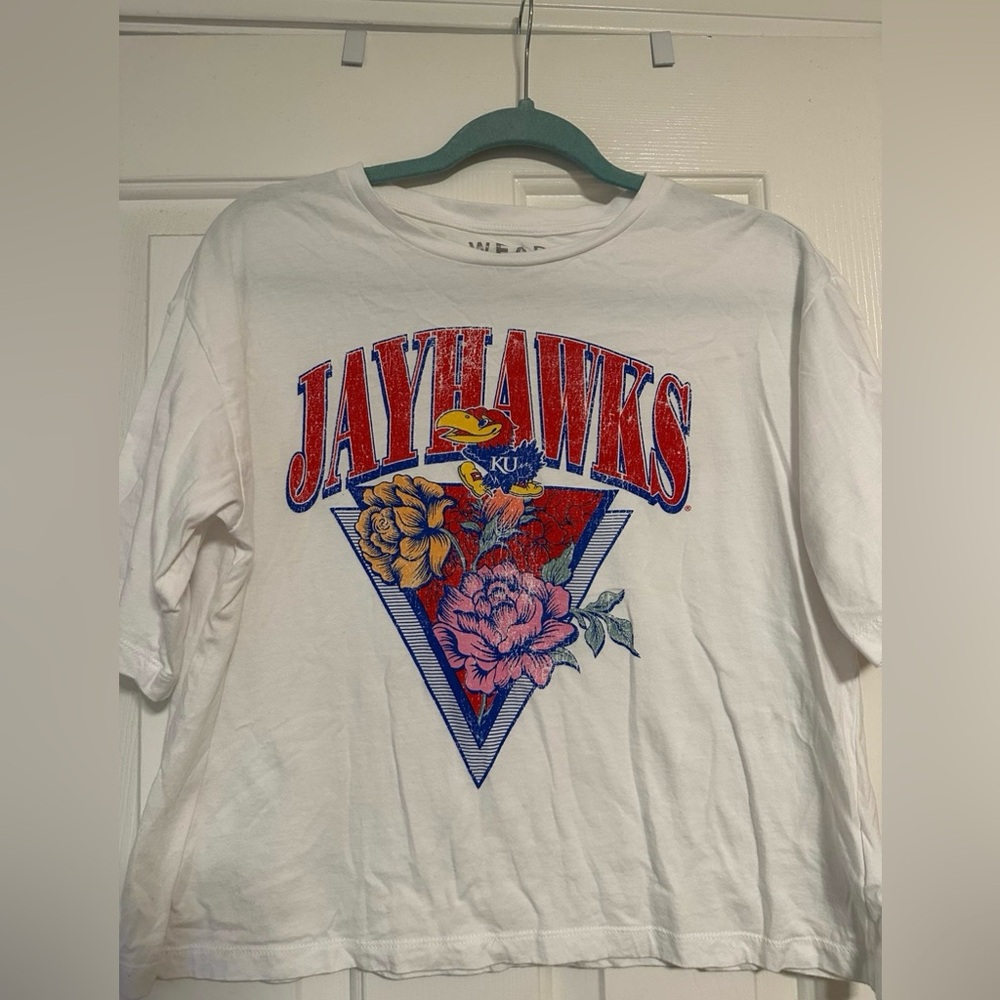 White Jayhawks Graphic Crop Top size Large